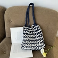 Handmade woven mesh shoulder bag in navy blue and cream white color block design - Navy Blue + White (With Inner Bag)