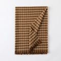 Brown and beige houndstooth scarf with fringe detail, folded for soft texture view - New Houndstooth Beige Camel