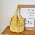 Handcrafted yellow hollow cotton mesh shoulder bag for summer beach vacation and shopping - Yellow (with inner bag)