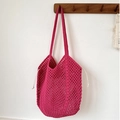 Fuchsia hand-woven hollow cotton rope tote bag with long shoulder straps and white drawstring - Rose Red (with inner bag)