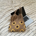 Brown knit tote bag with yellow sunflower patterns and decorative tassels on the sides - Coffee (With Inner Bag)