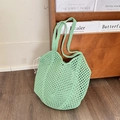 Mint green handmade crochet tote bag with hollow mesh pattern and drawstring closure - Light Green (With Inner Bag)