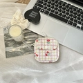 Pink and yellow floral quilted mini pouch for headphones and keys with a metal hook - Plaid Floral Red