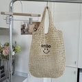 Chic cream white woven net tote bag with a black smile face design for summer beach outings - Without Inner Bag / Off White
