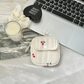 Mini cotton linen organizer pouch with cherry print and silver carabiner clip - White with Cherries