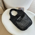 Chic black crochet tote bag with white smile graphic and woven cutout design - Without Inner Bag / Black