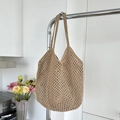 Handcrafted khaki crochet hollow mesh tote bag with double shoulder straps in casual style - Coffee (With Inner Bag)