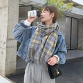 Grey houndstooth plaid scarf with yellow stripes and soft tassels on thick fabric - Gray Blue Color Plaid