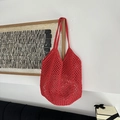 Handcrafted red crochet mesh tote bag in woven cotton cord for casual vacation style - Red (with Inner Bag)