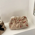 Beige corduroy cherry embroidery drawstring bag with satin bow and pearl pendant - Red (Red Cherry Beige Bow)