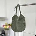 Large dark green crochet cotton rope shoulder bag featuring a hollow mesh woven design - Army Green (with inner bag)