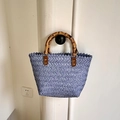 Blue woven tote bag with V-shaped texture and bamboo handles for summer beach vacation - Small Blue