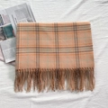 Thick houndstooth scarf in apricot and orange tones with elegant long fringe detail - Colorful Plaid Pink