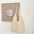 Large cream crochet woven tote bag with hollow V-pattern for beach and casual wear - Off-white (With Inner Bag)