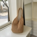 Handmade straw tote bag in light brown finish with woven shoulder strap for beach - Khaki (With Inner Pouch)