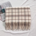 Classic houndstooth fringe scarf in beige and coffee faux cashmere for autumn winter - White Color Plaid