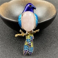 Exquisite magpie brooch pendant with blue enamel and pink crystal stone on branch - Rose Quartz