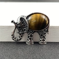 Broche éléphant vintage en alliage d'argent avec une grande pierre œil de tigre - Style Éléphant Œil de Tigre