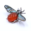 Vintage silver bee brooch with red agate stone and iridescent abalone shell wings - Red Agate