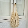 Minimalist beige crochet hobo bag with hollow square weave for summer beach vacations - Cream White (With Inner Bag)