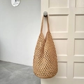 Casual light brown woven tote bag with hollow grid design for summer beach vacation - Khaki (with inner bag)