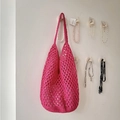 Handcrafted rose pink hollow knit tote bag with minimalist bohemian crochet texture - Rose Red (with inner bag)