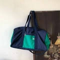 Multi-colored nylon tote bag in navy and green with adjustable shoulder strap - Dark Blue