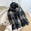 Thick plaid knit scarf with fringes in black, white and green for winter warmth - 66-180cm / Black Plaid