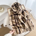 Cozy British style brown plaid scarf with tassels for women, warm winter thick shawl wrap - Khaki