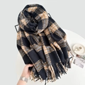 Écharpe à carreaux avec franges en noir jaune blanc, tricot chaud pour l'hiver - 185cmx62cm / Noir