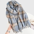 Écharpe à carreaux d'hiver bleu-gris et rose avec franges douces pour le froid - 185cmx62cm / Bleu