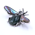 Vintage bee brooch with green agate stone and iridescent abalone shell wings - Moss Agate