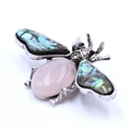 Pink gemstone bee brooch with iridescent shell wings and antique silver finish - Rose Quartz