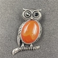 Antique silver owl pendant with orange oval tiger eye stone and feather details - Red Agate