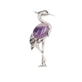 Vintage silver crane brooch featuring a large oval purple gemstone and feather textures - Amethyst