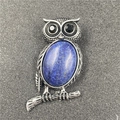 Vintage silver owl brooch with large oval blue natural stone and black gemstone eyes - Lapis Lazuli