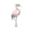Silver crane brooch with rose quartz gemstone and textured metallic finish - Rose Quartz