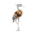 Red-crowned crane brooch featuring silver metal and oval tiger eye stone inlay - Tiger's Eye