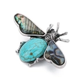 Vintage bee brooch with oval turquoise stone and iridescent abalone shell wings - Blue Turquoise