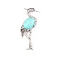 Vintage silver crane brooch with engraved feathers and oval turquoise stone inlay - Synthetic Blue Turquoise