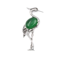 Silver crane bird brooch with a large oval green gemstone inlay for vintage styling - Green Agate