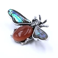Vintage silver bee brooch with abalone shell wings and oval red aventurine stone - Gold Sandstone