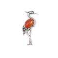 Silver crane brooch featuring a vibrant oval orange gemstone with detailed feather textures - Red Agate