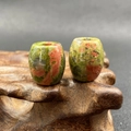 Pair of polished Unakite barrel beads with natural green and orange mottled texture - 1 Piece / Unakite