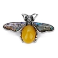 Vintage bee brooch with amber-like stone and iridescent shell wings on silver metal - Agate