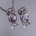 Vintage silver owl necklace with purple natural stone pendant and black leather cord - Amethyst