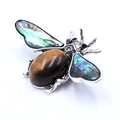 Tiger eye and abalone shell bee brooch with silver vintage finish and crystals - Tiger's Eye