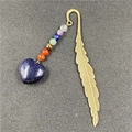 Golden feather metal bookmark with colorful chakra beads and blue goldstone heart pendant - Blue Sandstone