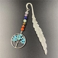Close-up of vintage feather bookmark with tree of life charm and colorful chakra beads - Synthetic Blue Turquoise