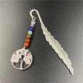 Silver feather bookmark with colorful chakra beads and Tree of Life healing stone pendant - Rose Quartz